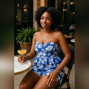 Olivaceous Blue and White Floral Print Romper~ Large